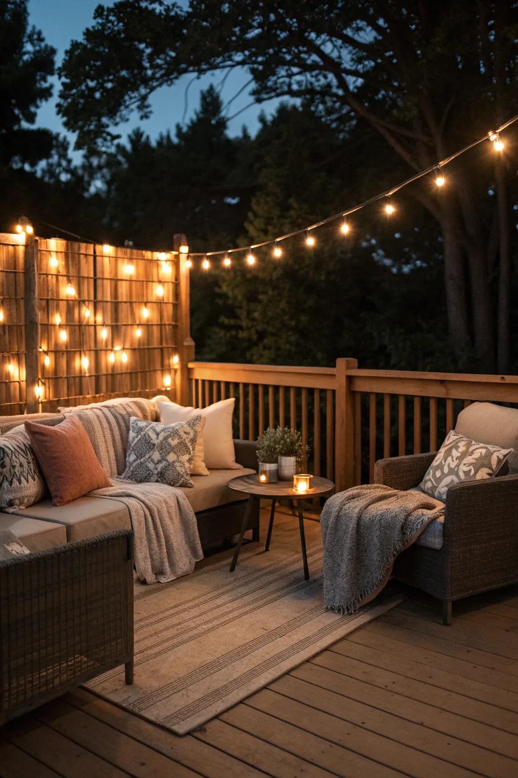 Ambient lighting enhancing the beauty of a privacy wall.