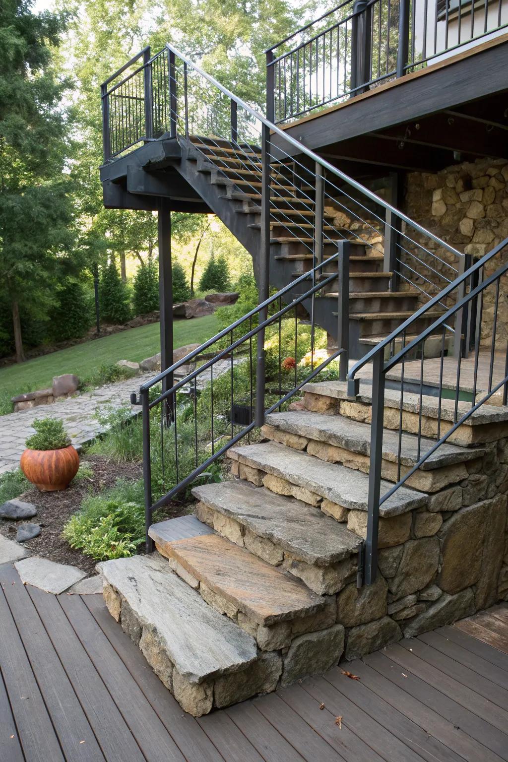 Combine stone and metal for a striking stair layout.