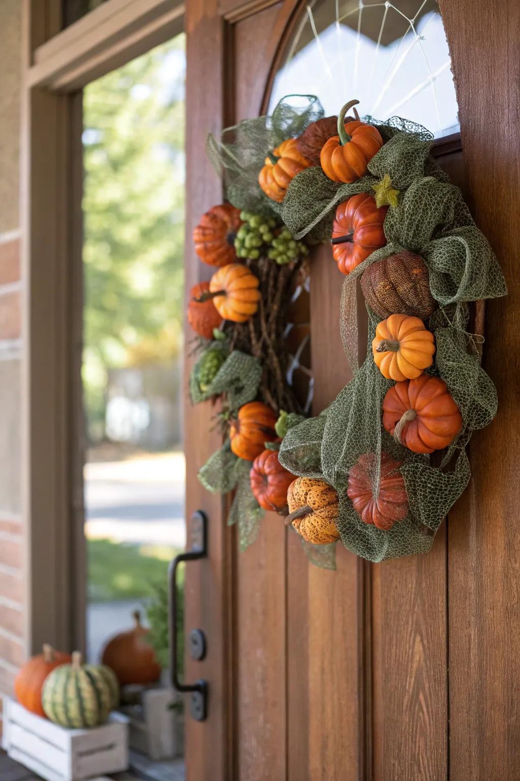 Playful faux pumpkins bring this deco mesh wreath to life.