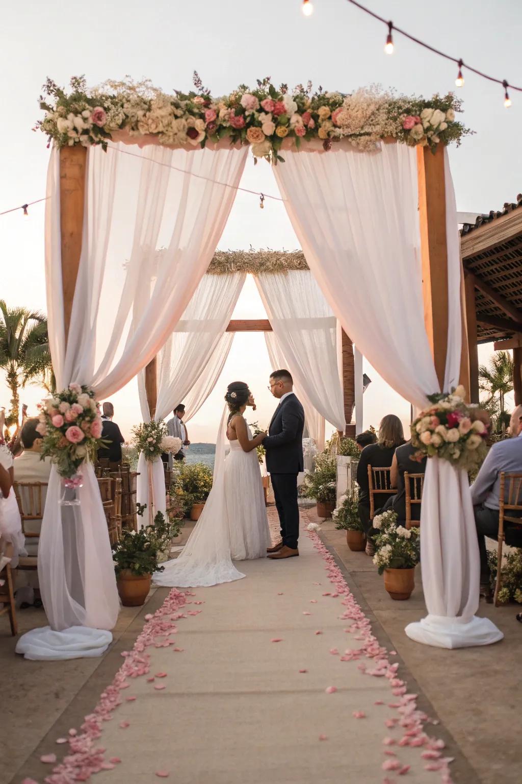 Amorous draped canopies framing a wedding occasion.