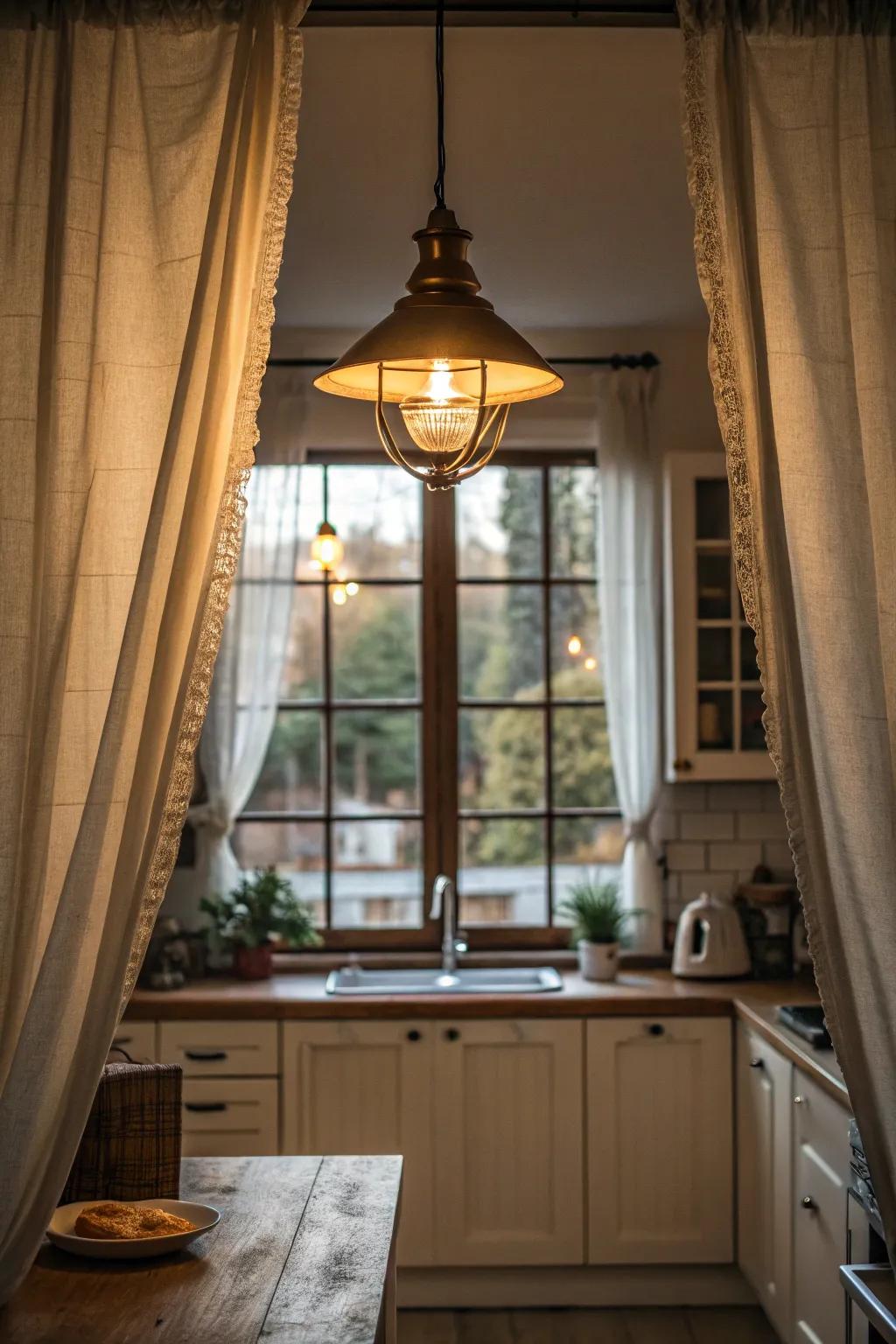 A hanging lamp contributes warmth and style to the kitchen setting.
