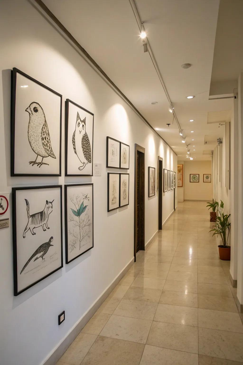 A hallway decorated with framed minimalist animal drawings.