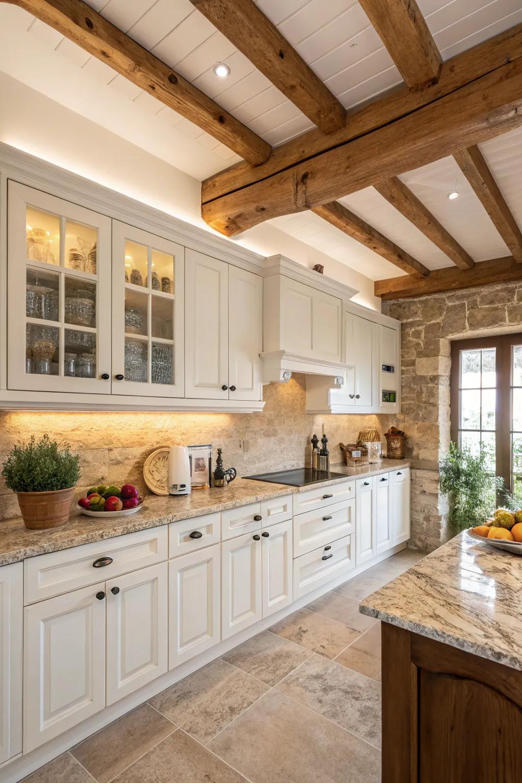 Wooden beams add warmth and character to a cozy kitchen setting.