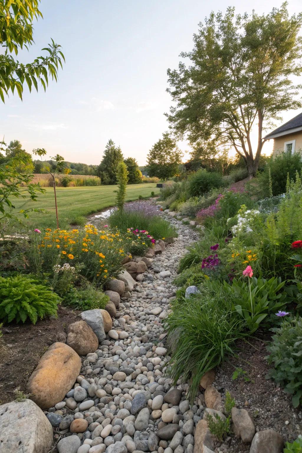 Pebble stream paths beautifully simulate authentic stream beds.