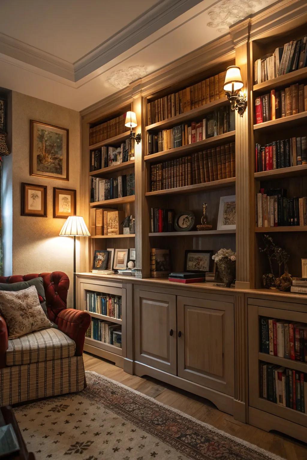 Shelving units add both design and purpose to the den.