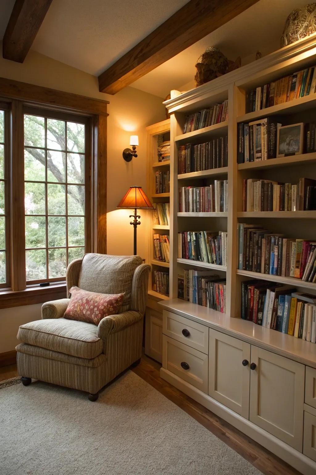 A den featuring a cozy home library with built-in bookshelves.