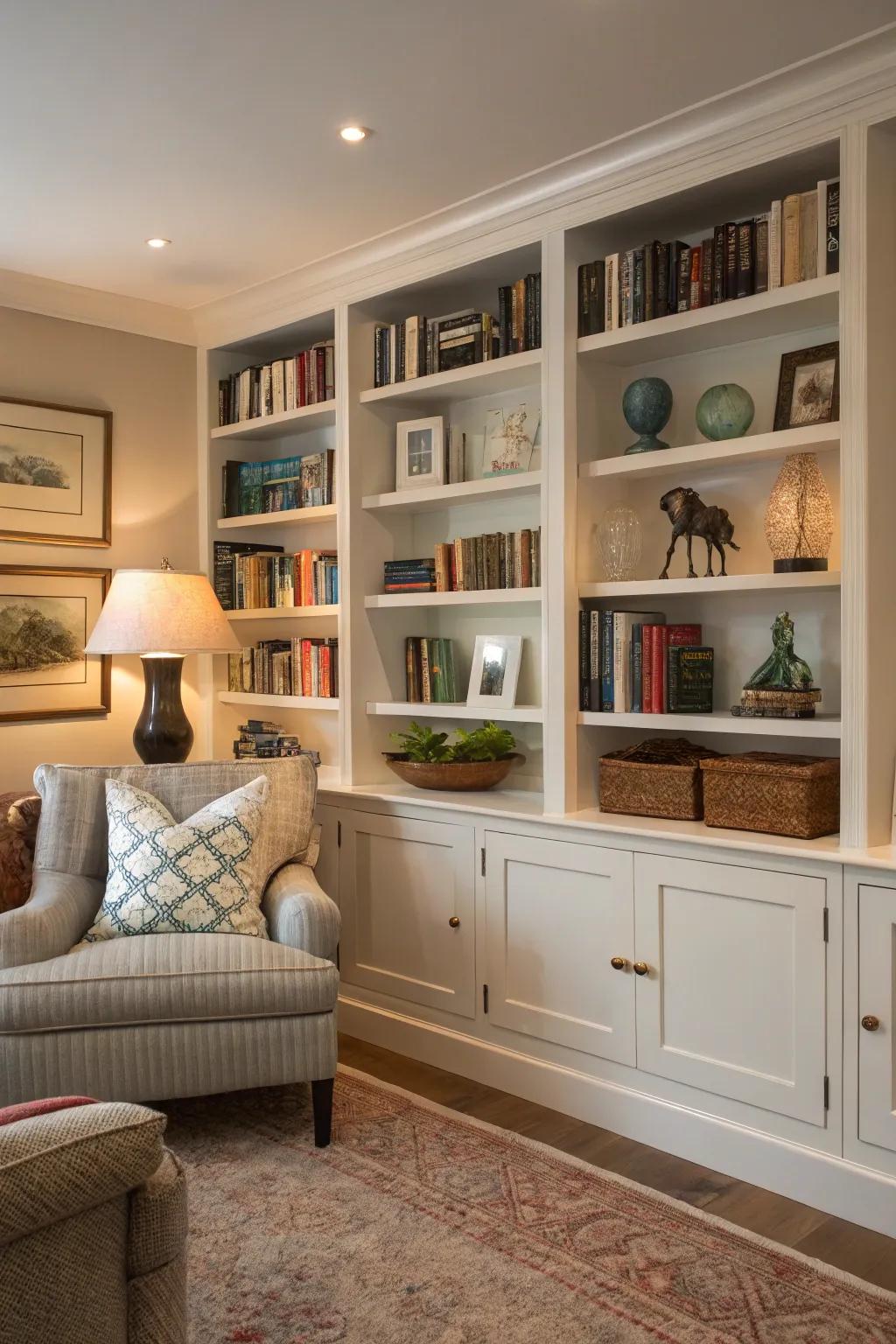 Custom shelves contribute storage and elegance.