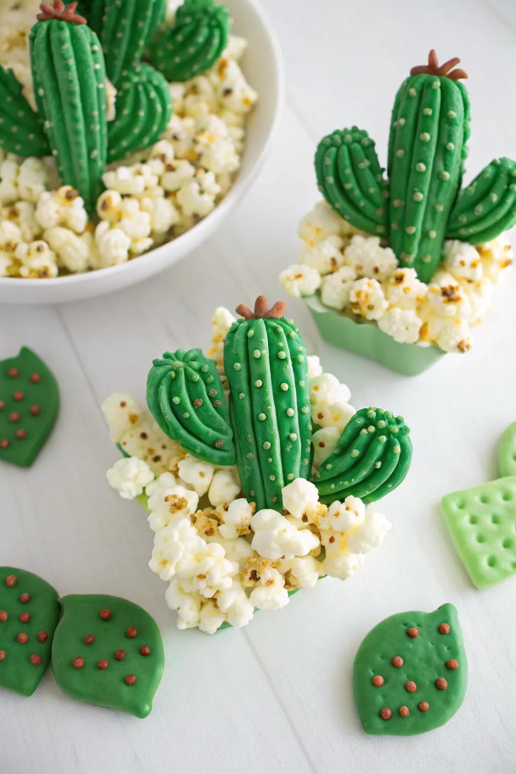 Popcorn bites shaped like prickly pears using lime candy melts.
