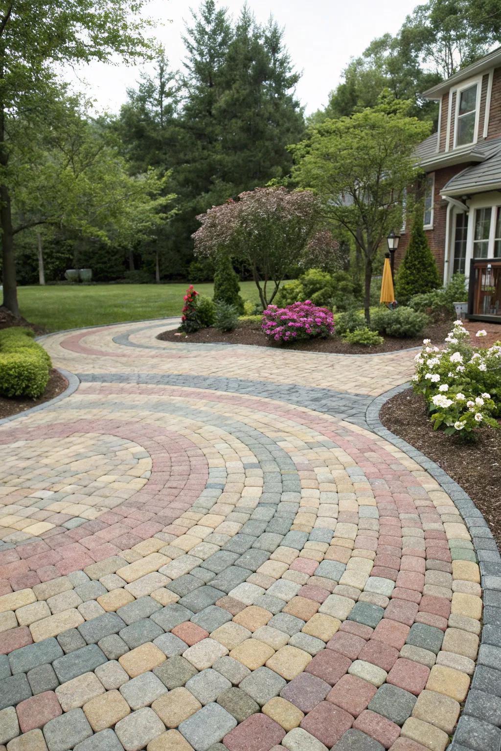 A tiled driveway with intricate patterns exemplifies thoughtful design.
