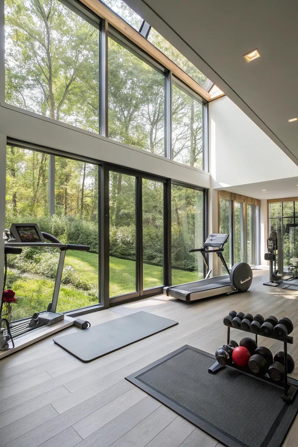 A bright home gym with lots of natural light, which improves the exercise experience.