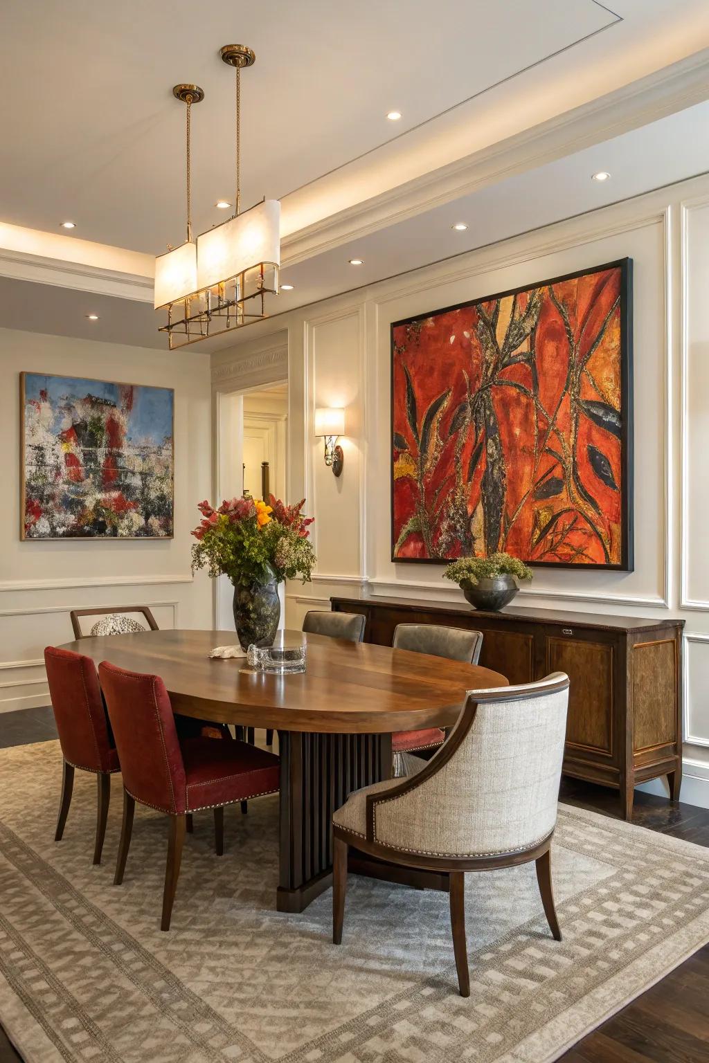Bold artwork can transform a dining room into an artistic haven.
