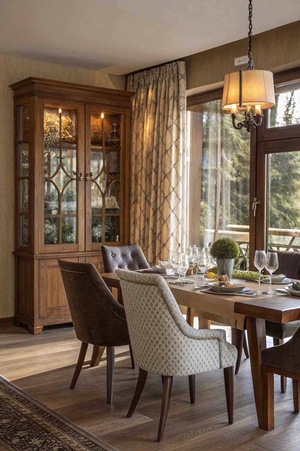 A unified mix of materials crafting a visually stimulating dining area.