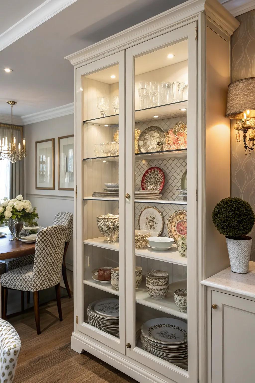 Clear door cabinets elegantly showcase dining ware collections.