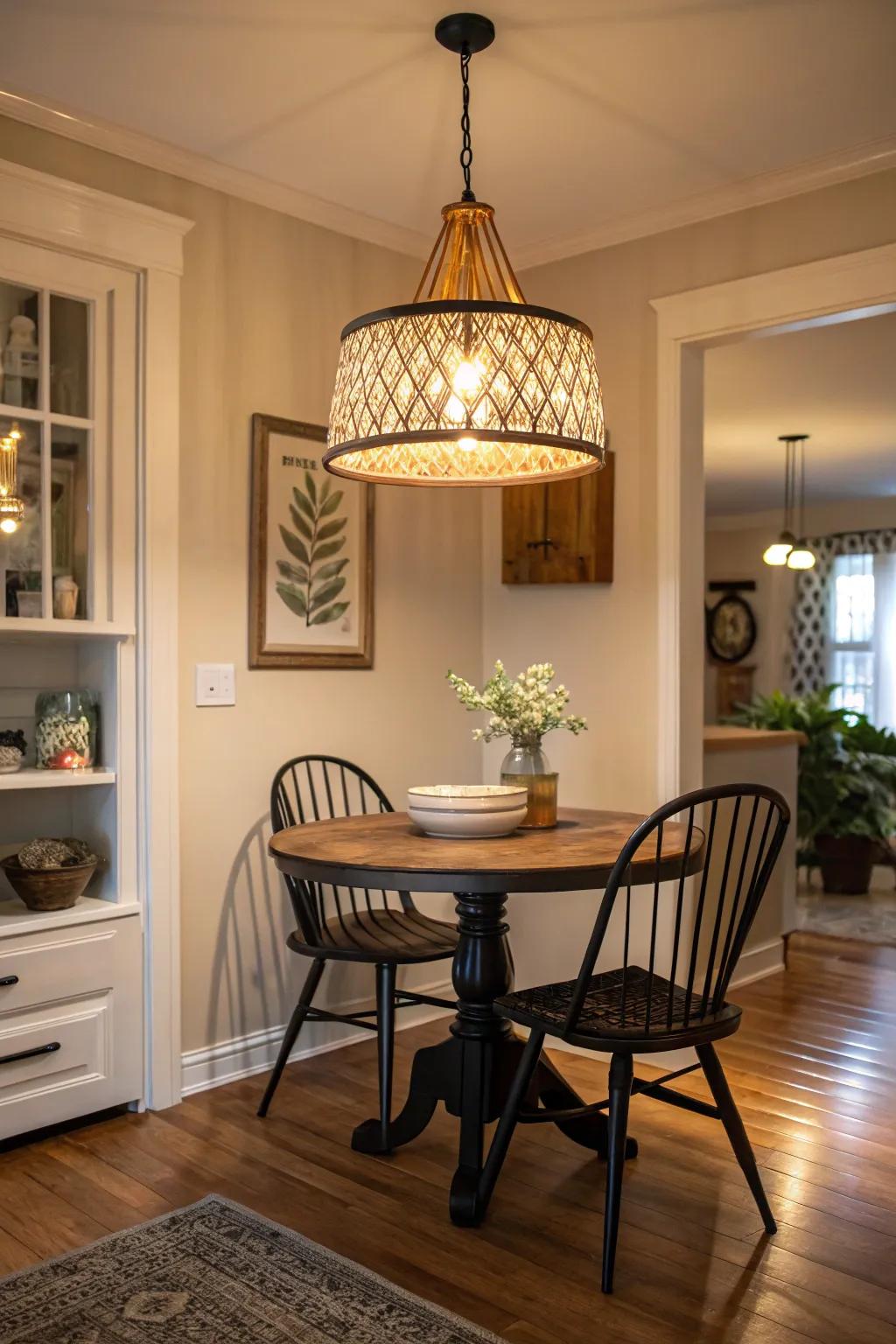 A decorative light adds drama and interest to the dining corner.