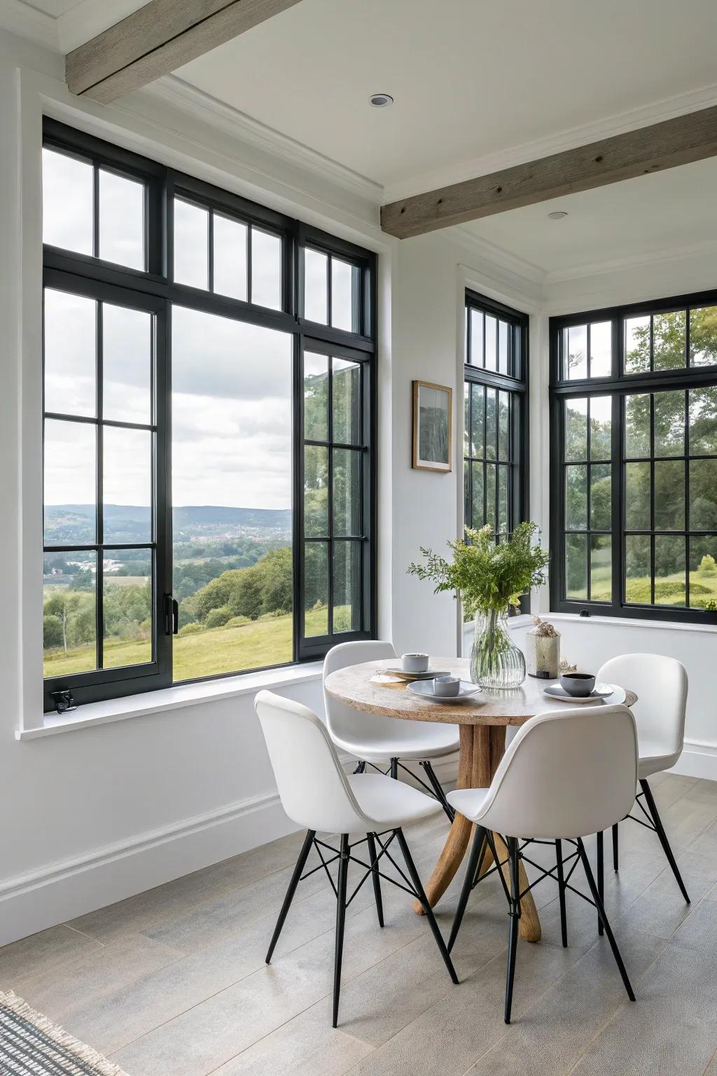 Contrasting casings inject a dramatic element to your dining area windows.