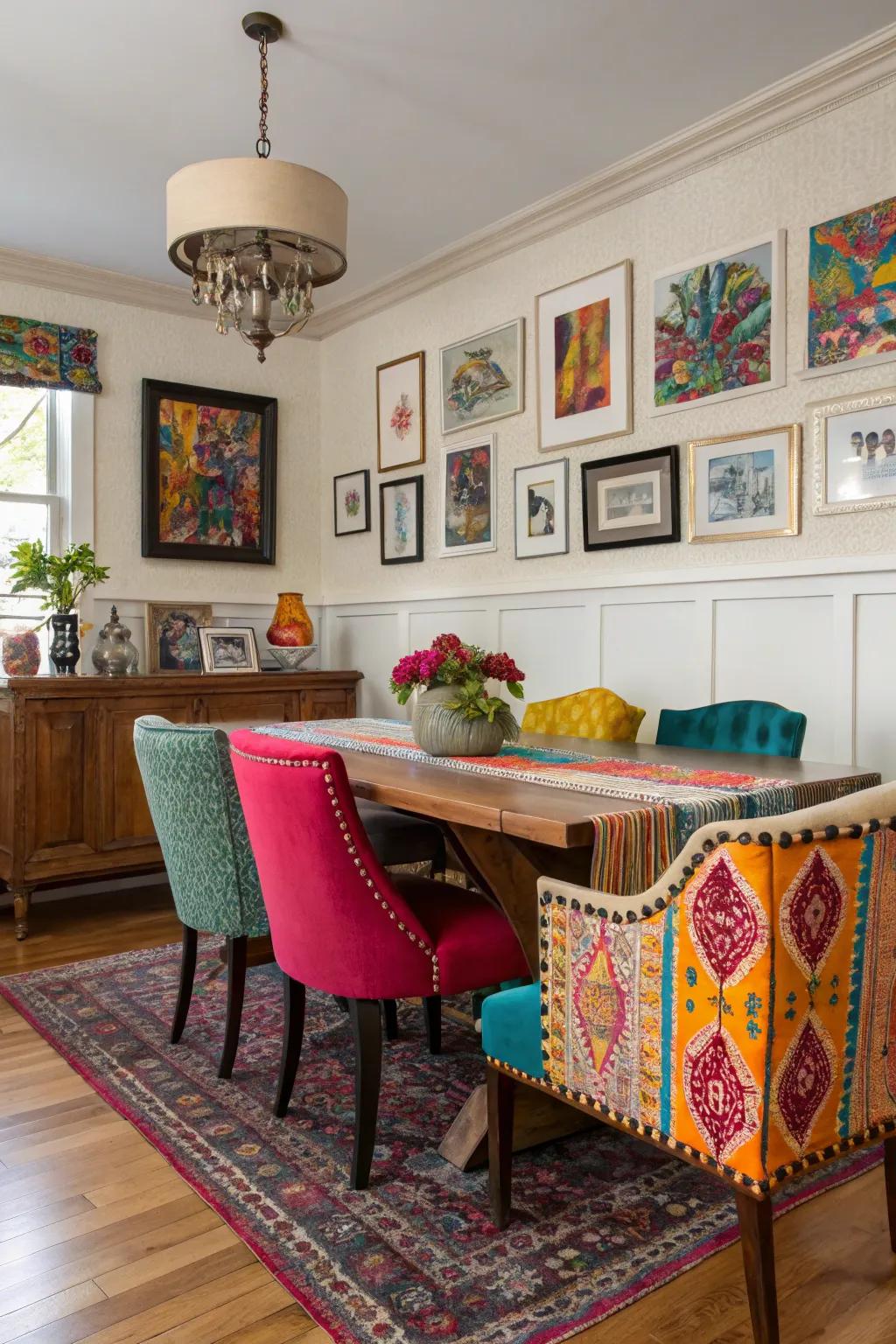 An eclectic mix of colors brings playful energy to the dining room.