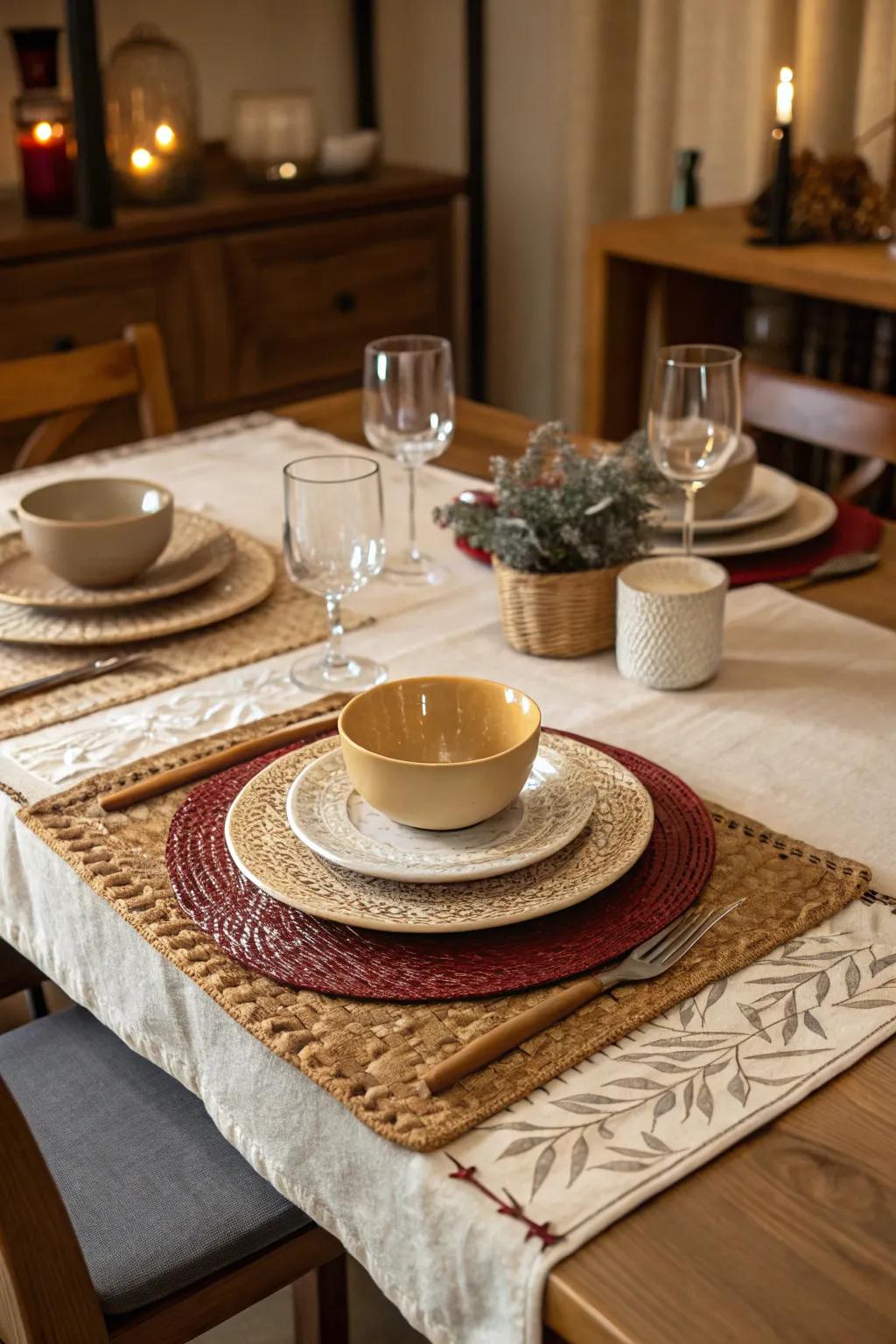 A dining table featuring layered table runners and textured placemats.