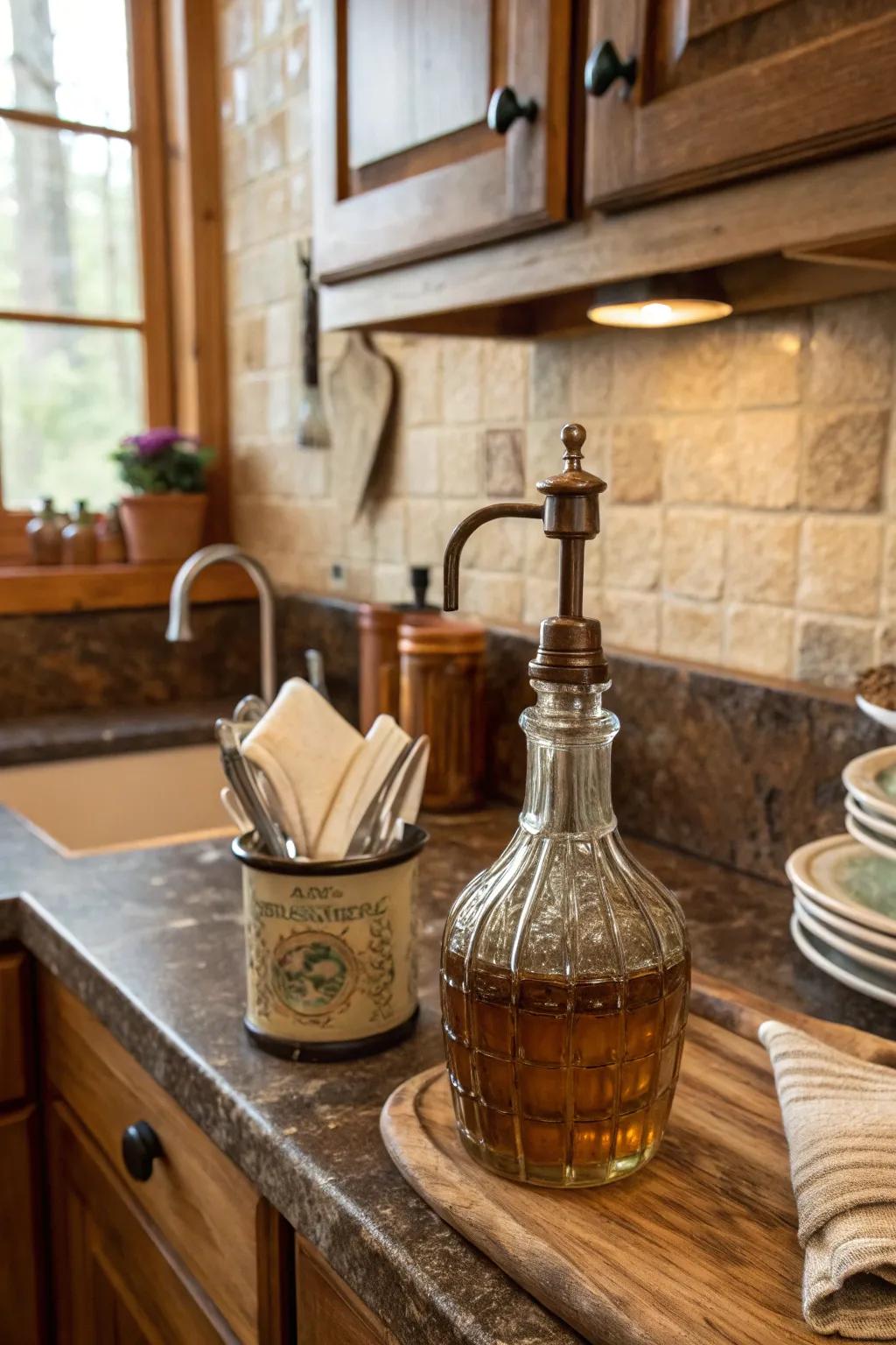 Vintage oil dispensers evoke a sense of nostalgia and elegance.