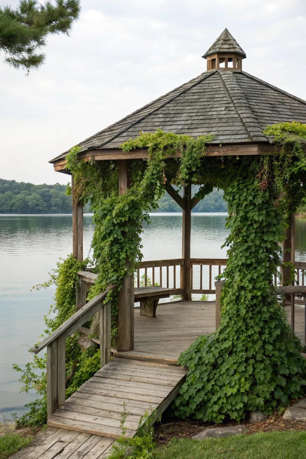 Harmonize your gazebo with nature using stone and wood for a cohesive design.