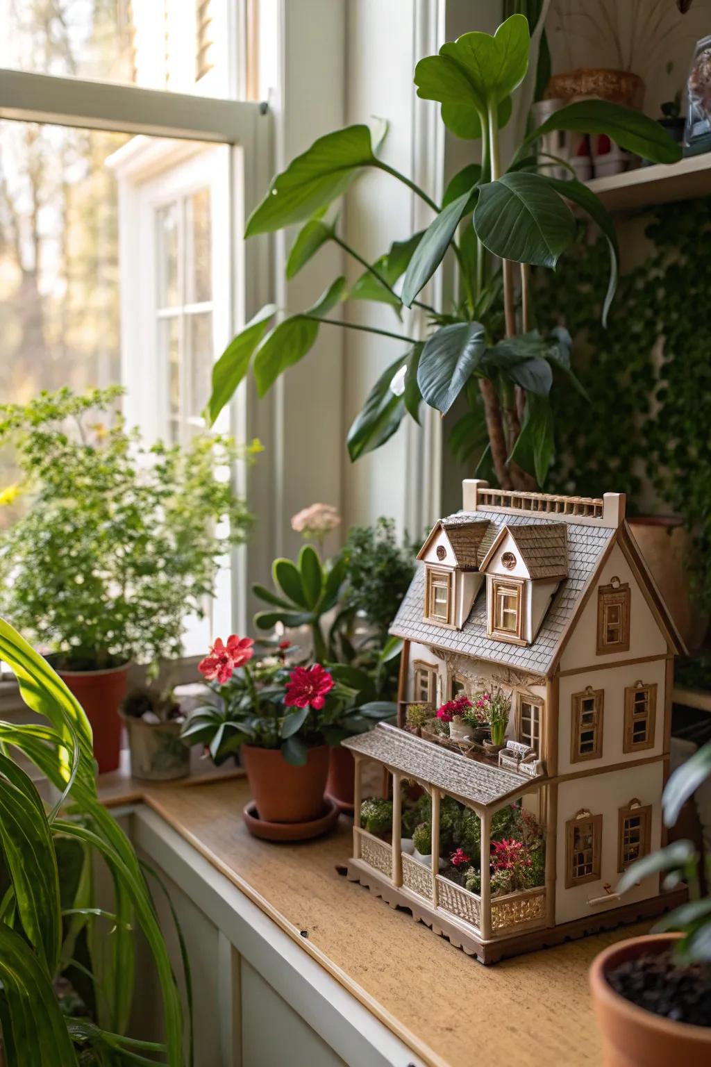Natural elements beautifully complement a dollhouse display.