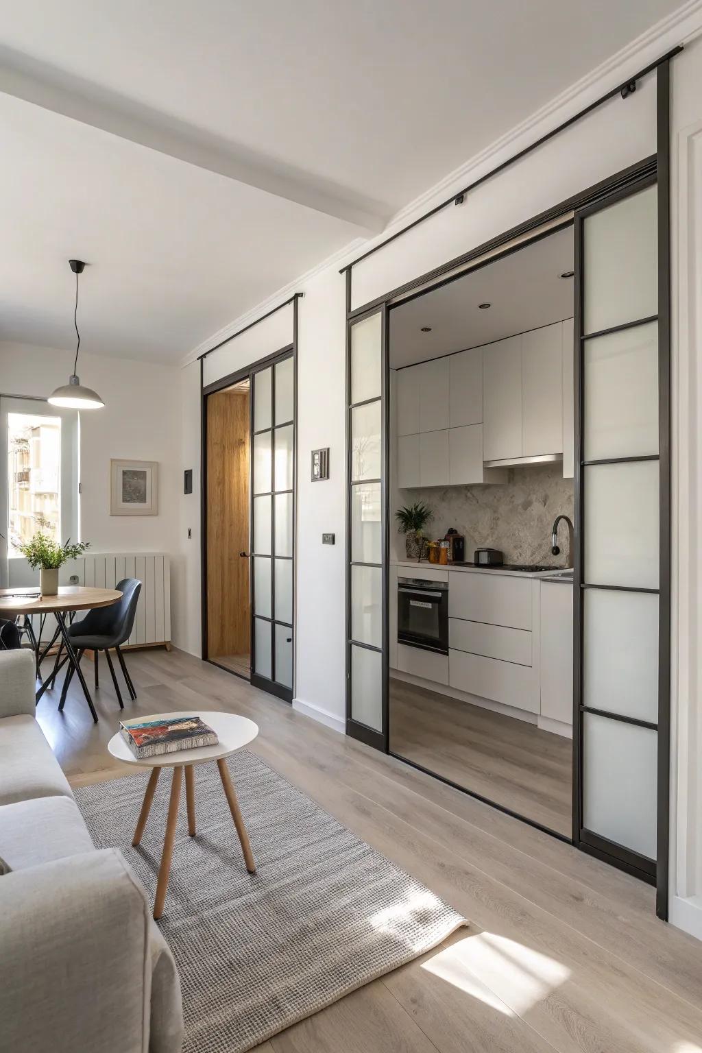 Minimalist pocket doors maximize space and maintain a clean aesthetic in this studio apartment.