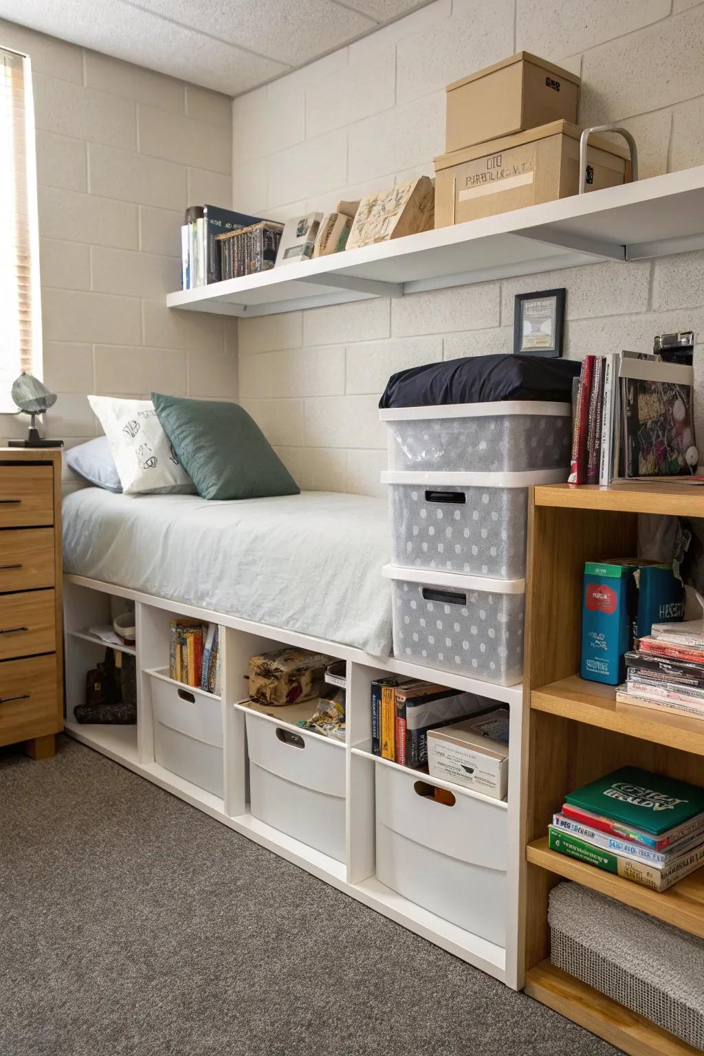 Efficient storage makes a cozy dorm room possible.