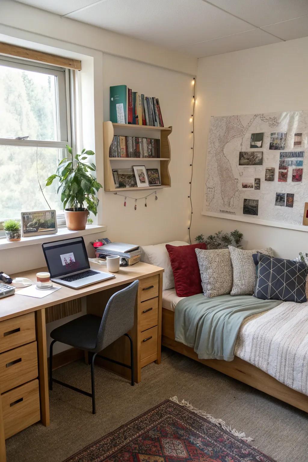 Zones for studying and relaxing are cleverly separated in this dorm room.