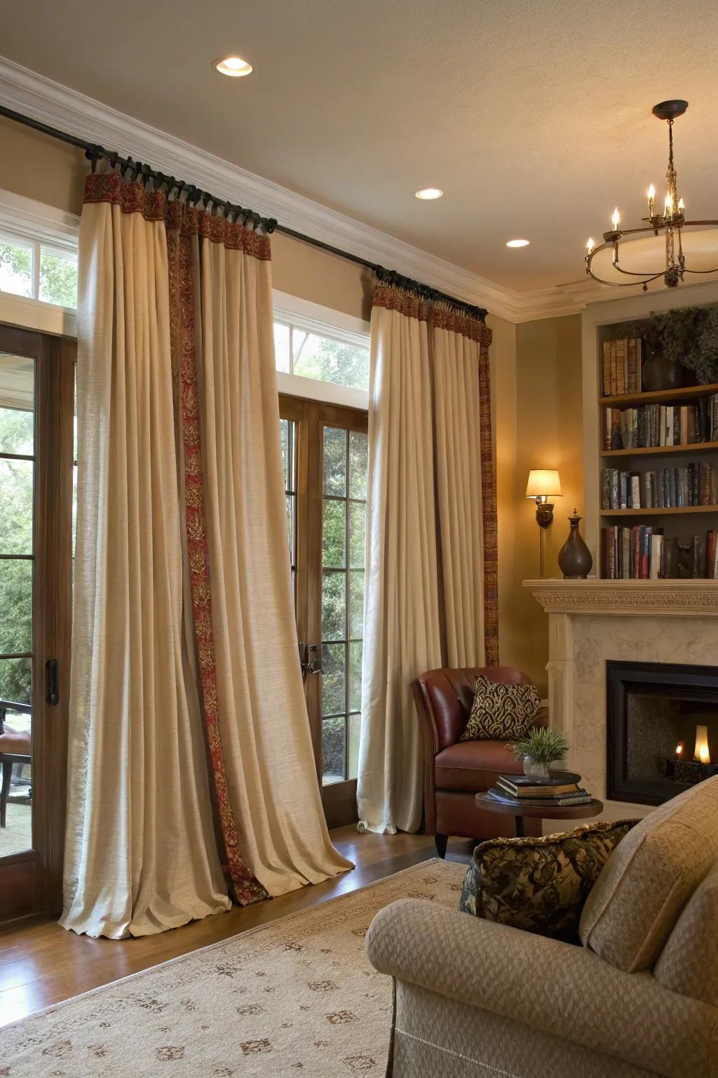 Curtains of varying lengths bring depth and personality to this welcoming lounge.