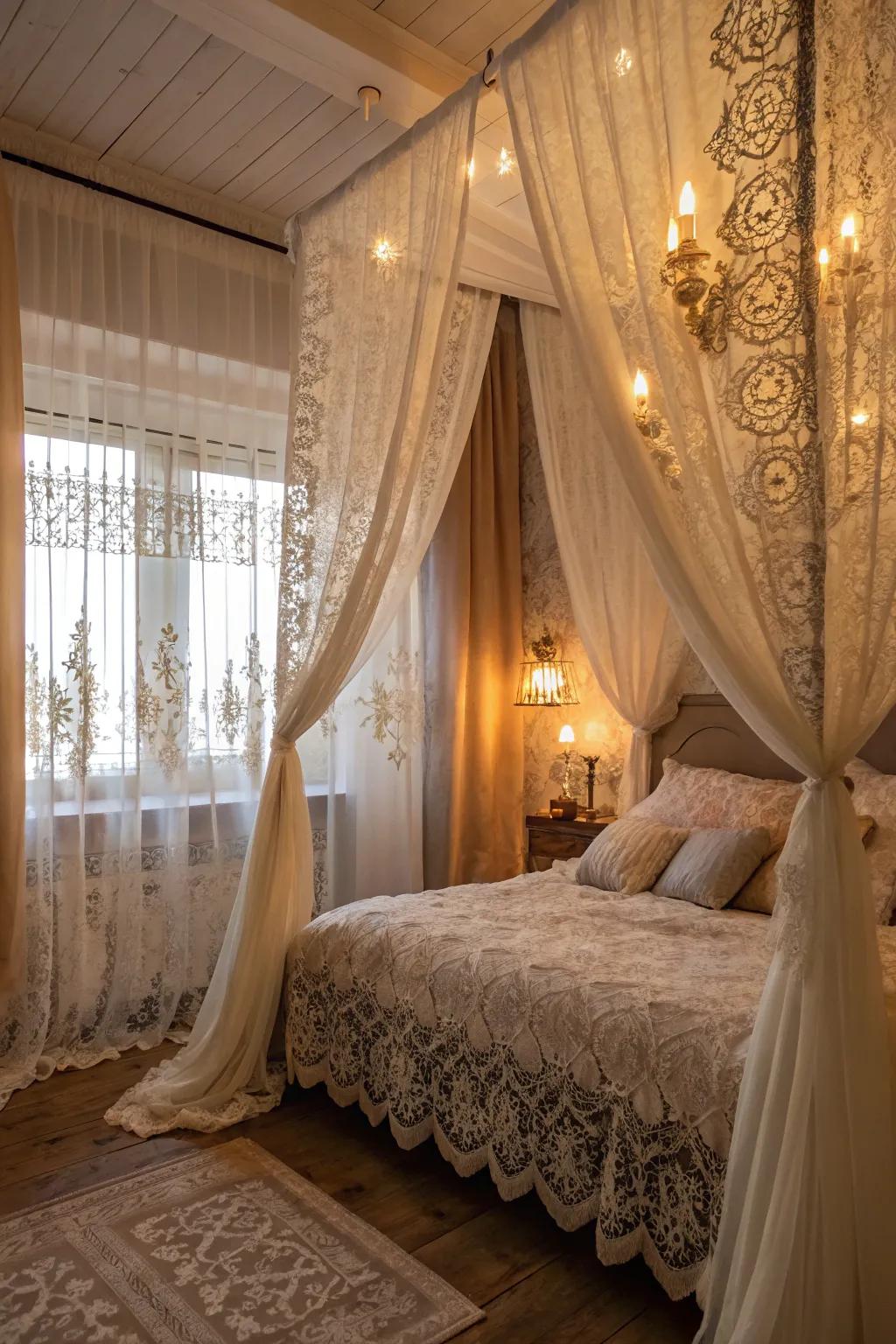 Linen and silk curtains evoke a romantic ambiance.