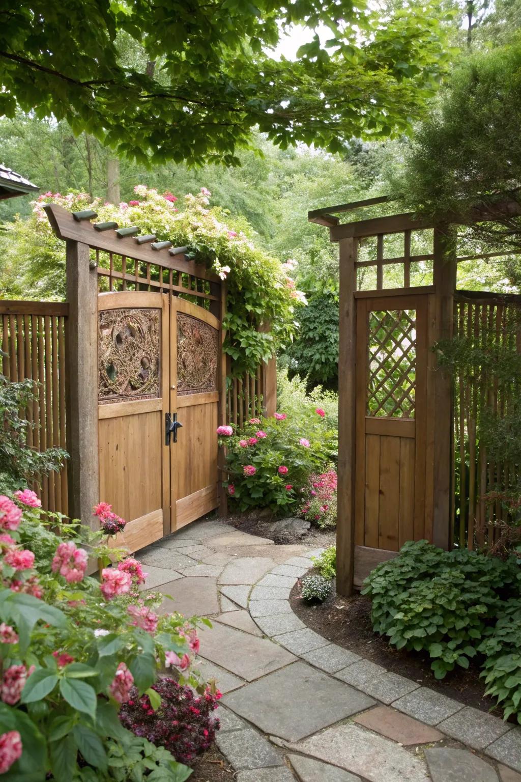 A double swing gate with seclusion panels creating a secluded garden escape.