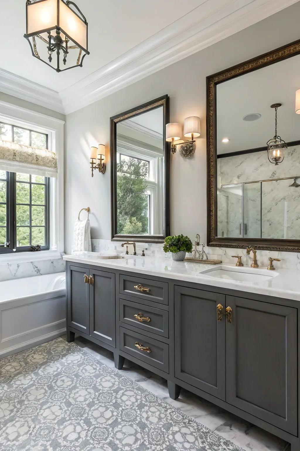 A harmonious blend of modern and traditional elements in a double vanity bathroom.