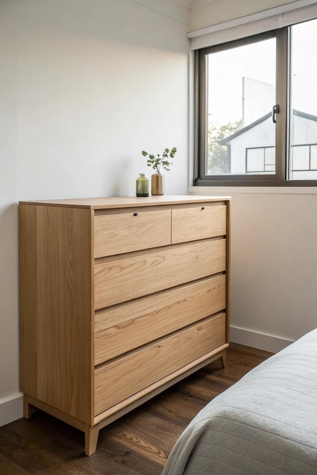 A minimalist dresser with clean lines, elevating the sleek appearance of a small bedroom.