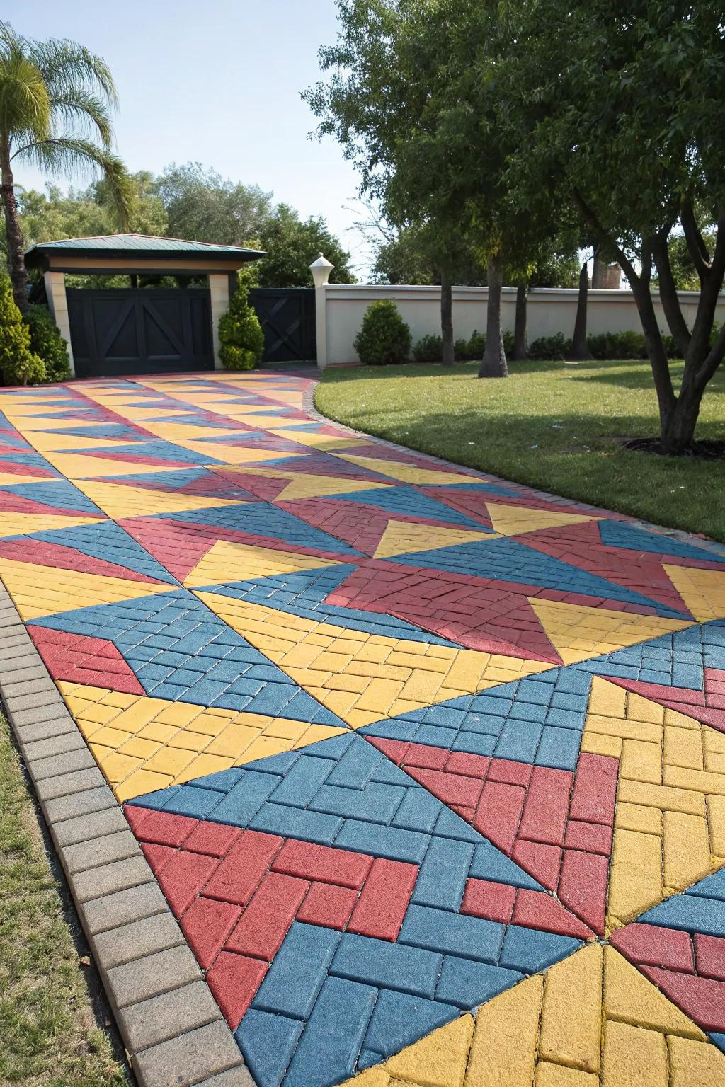 An artistic driveway with striking geometric paving designs.