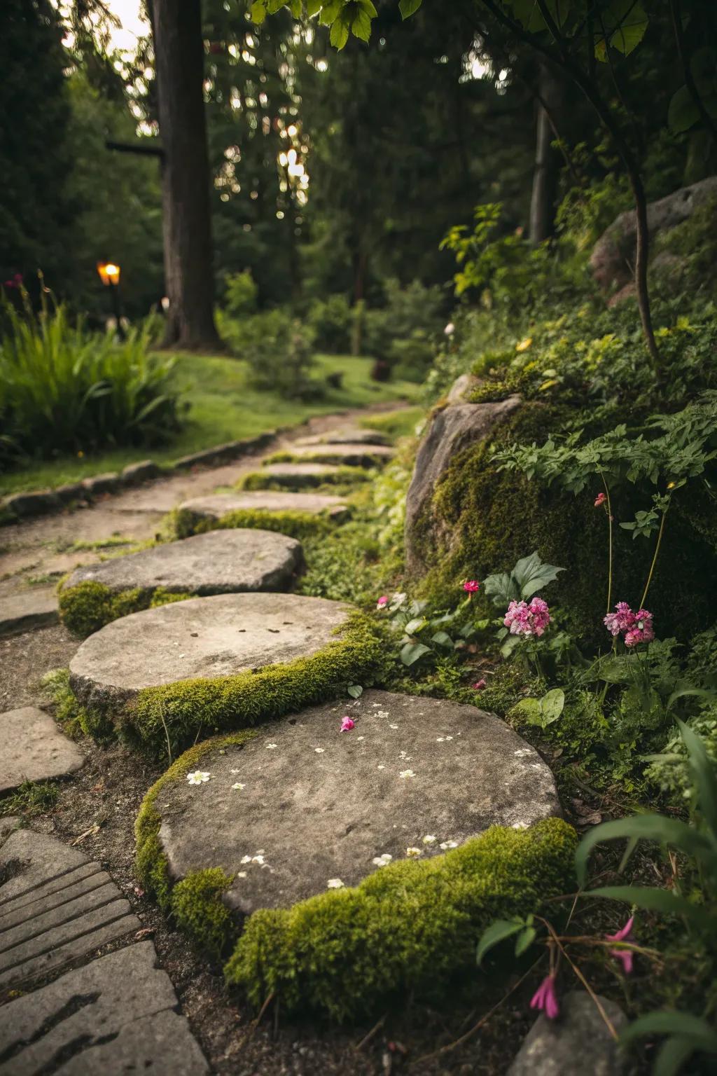 Natural pavers enveloped by delicate moss.