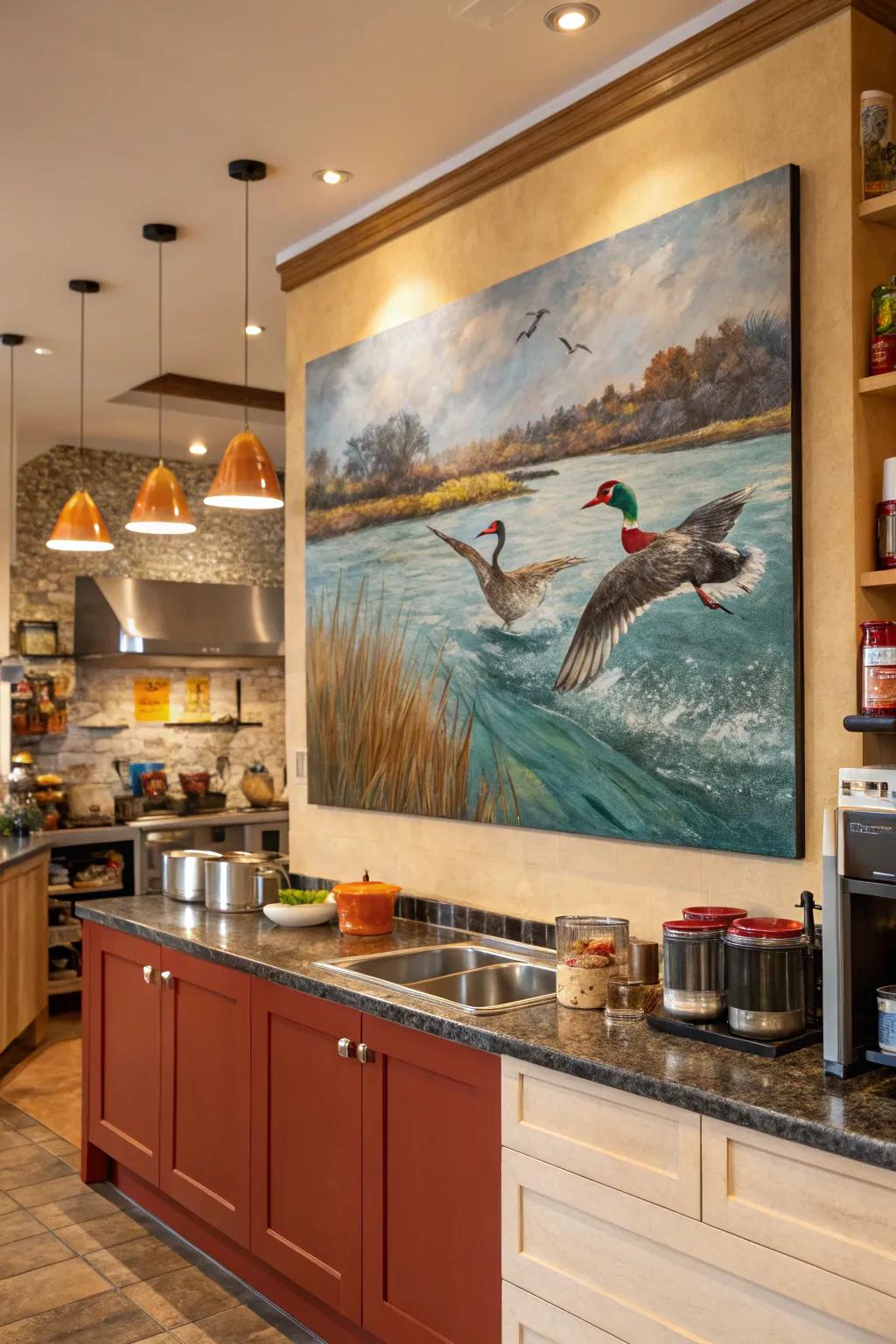 A waterfowl on the move art piece introduces vibrant energy to any area.