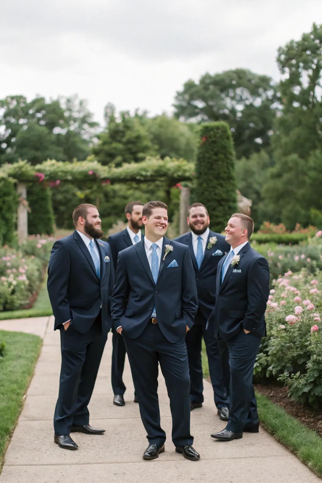 Groomsmen sporting elegant sky blue details that perfectly complement the wedding palette.