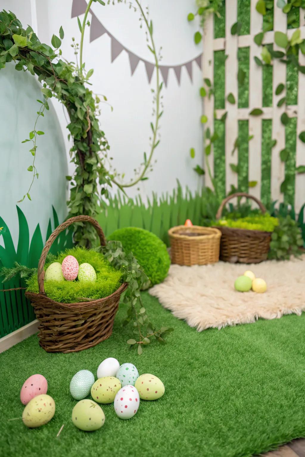 Rich foliage and imitation turf craft a refreshing springtime scene for Easter images.
