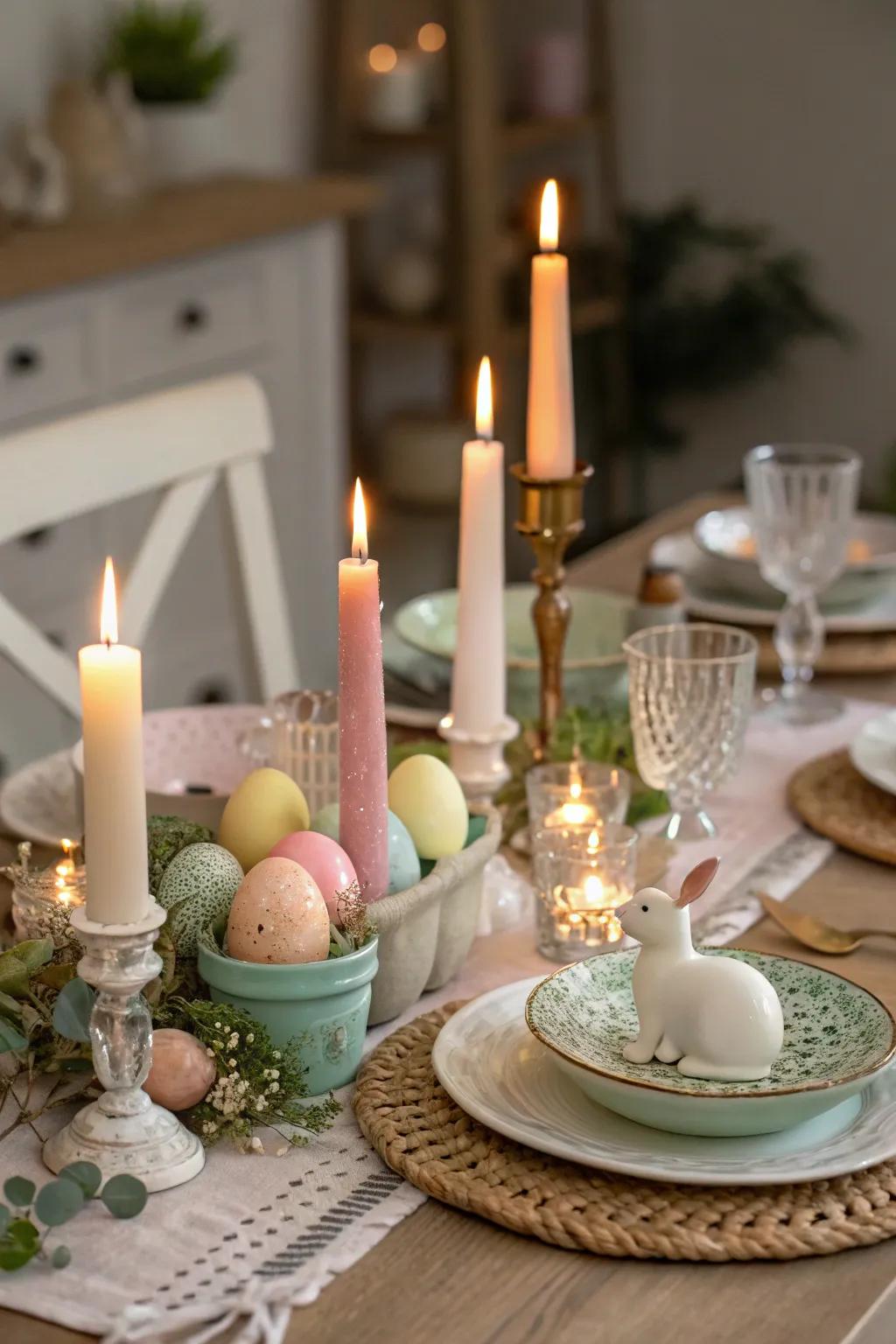 Candlelight adds warmth and charm to the Easter table setting.