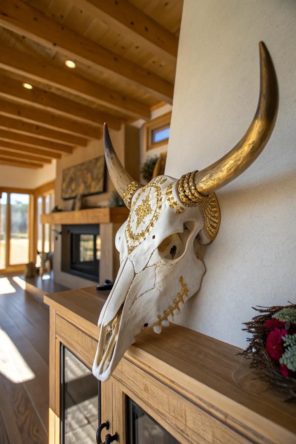 Iridescent accents contribute a hint of luxury to steer cranium décor.