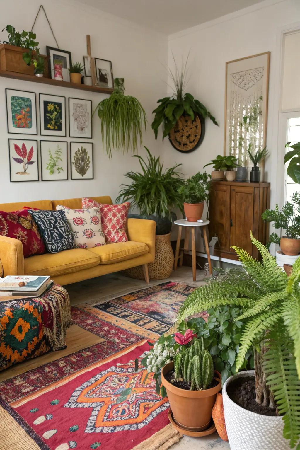 Life is brought to this eclectic living room through a selection of indoor plants.