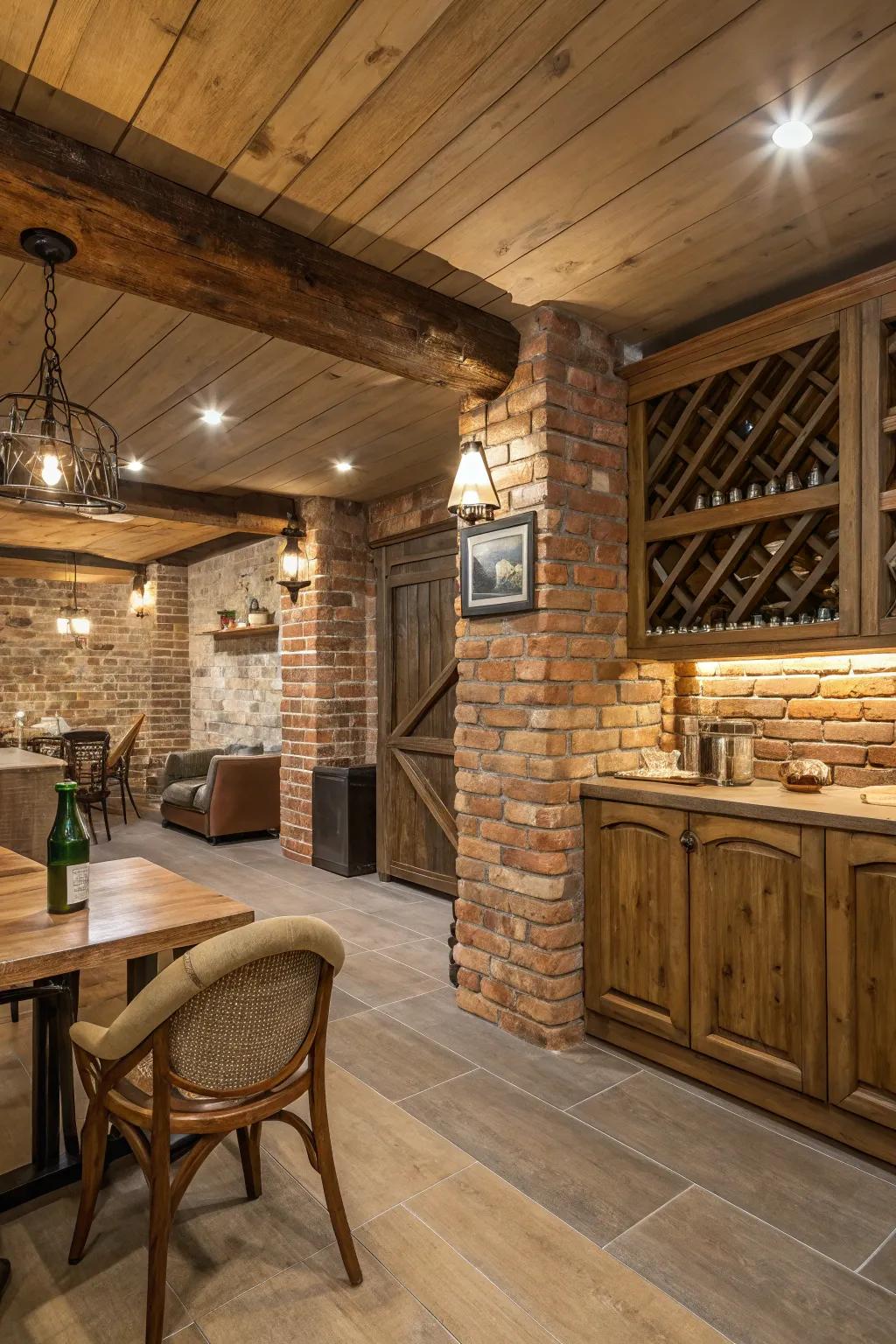 A space featuring reclaimed wood and bricks, creating a cozy atmosphere.