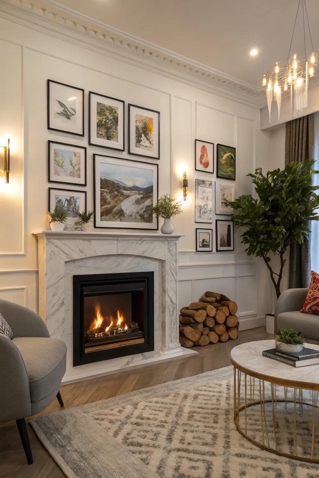 An electric fireplace surrounded by hand-picked artwork in a stylish living room.