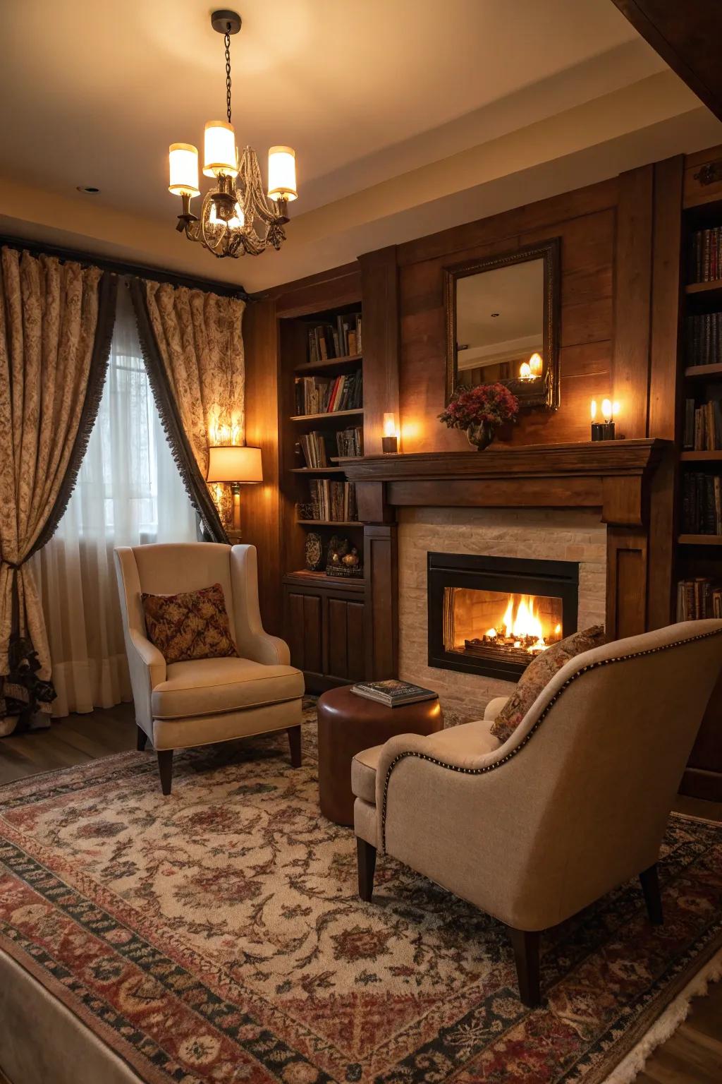 A cozy nook with an electric fireplace for ultimate relaxation.