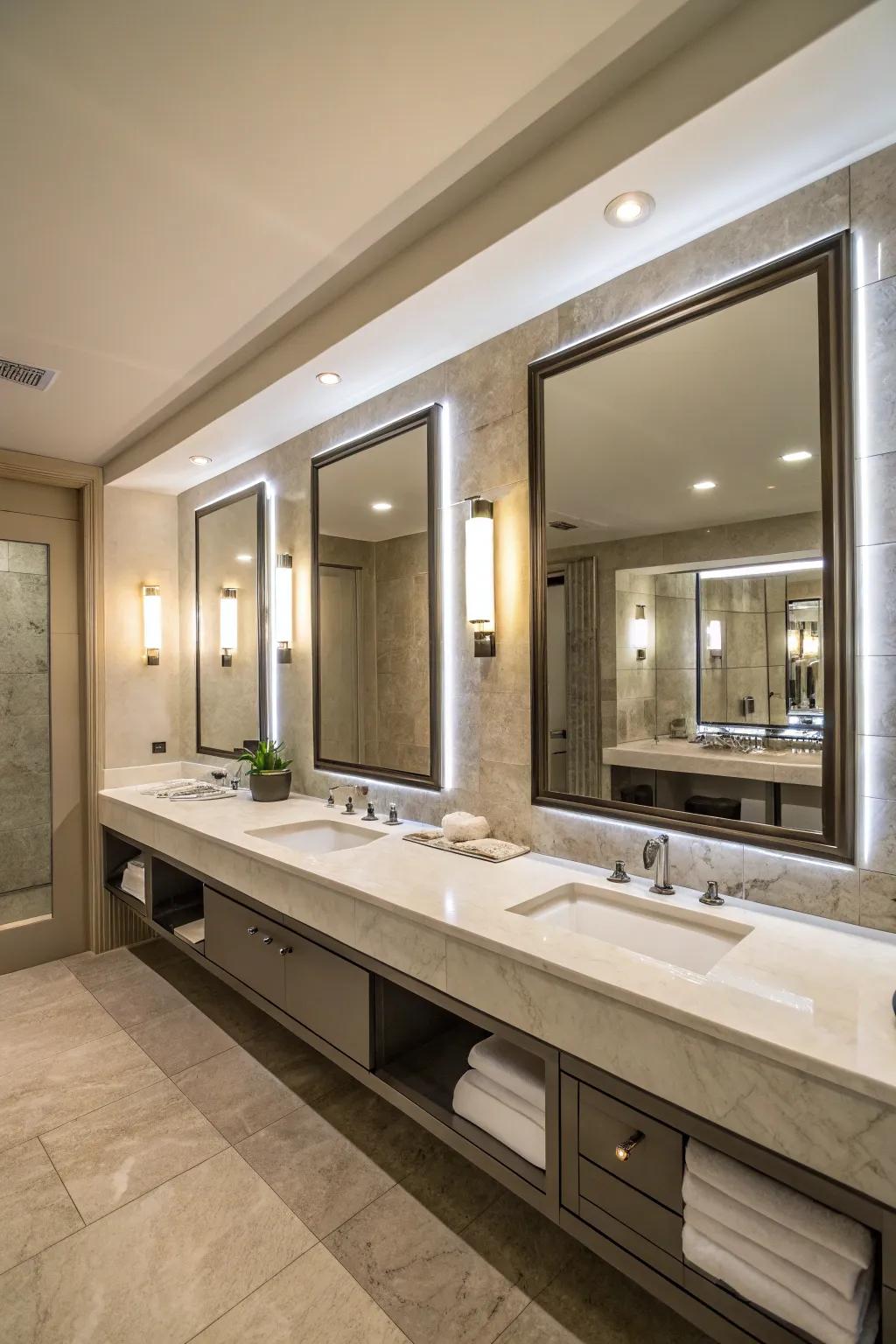 Expansive reflections heighten light and space in this elegant bathroom.