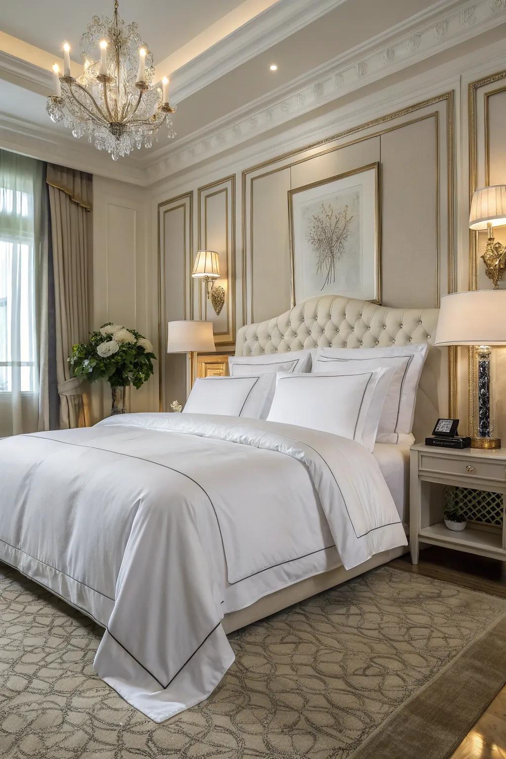 A luxury bedroom adorned with high-quality Egyptian cotton bedding.