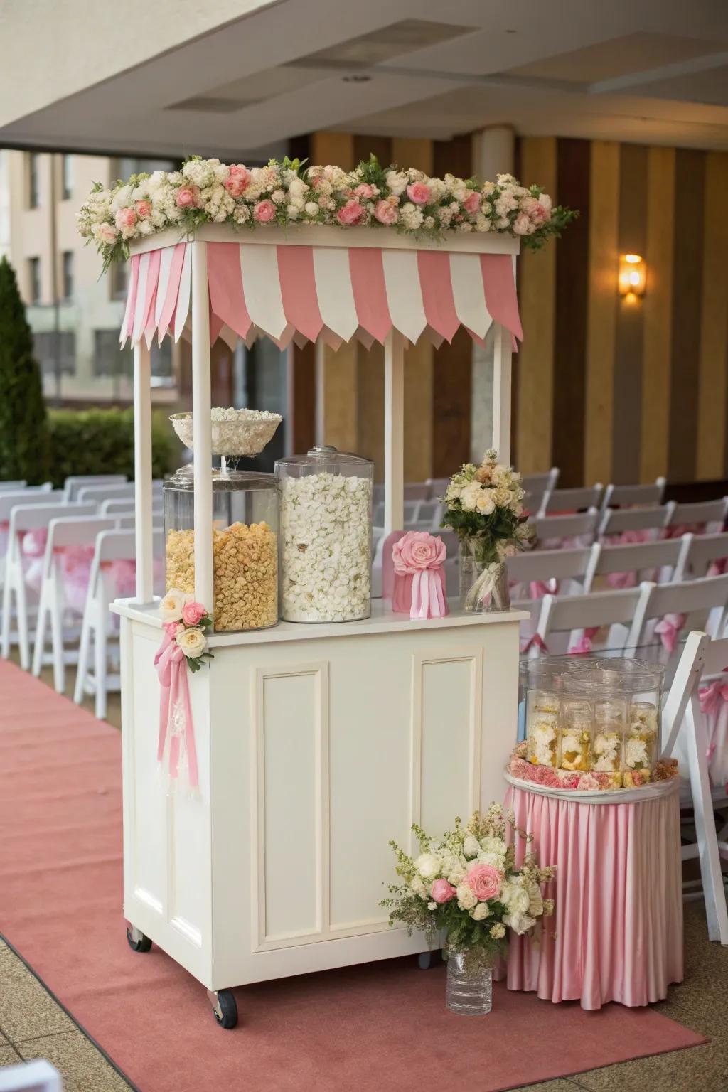 A themed popcorn station setup that flawlessly matches the wedding’s color scheme and decor.