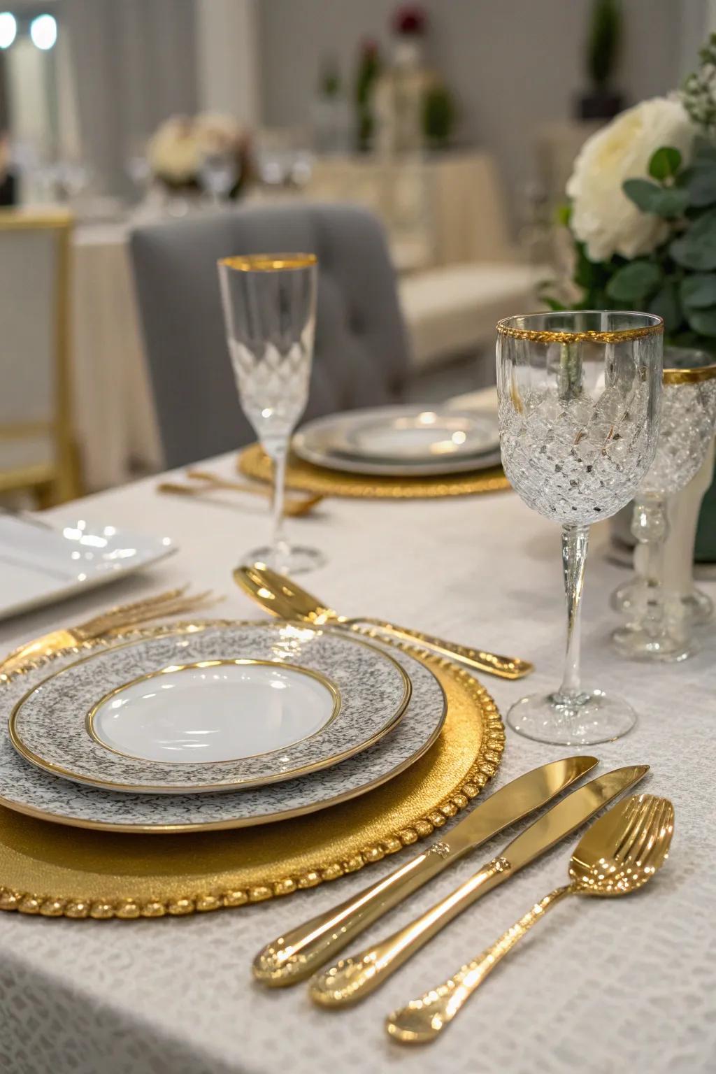 Gold and silver accents elevate the table's elegance.