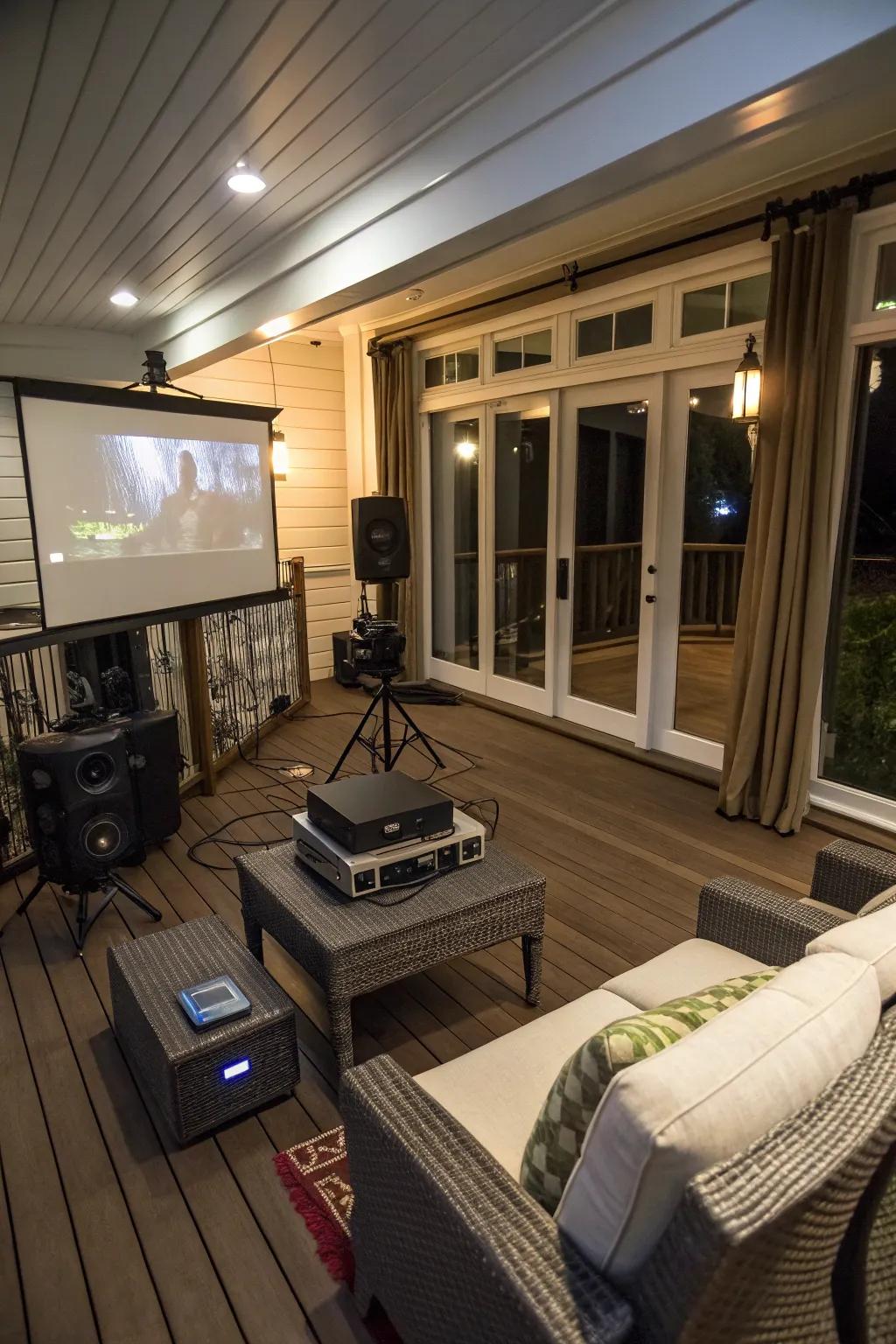 An enclosed deck innovatively turned into a multimedia entertainment area.