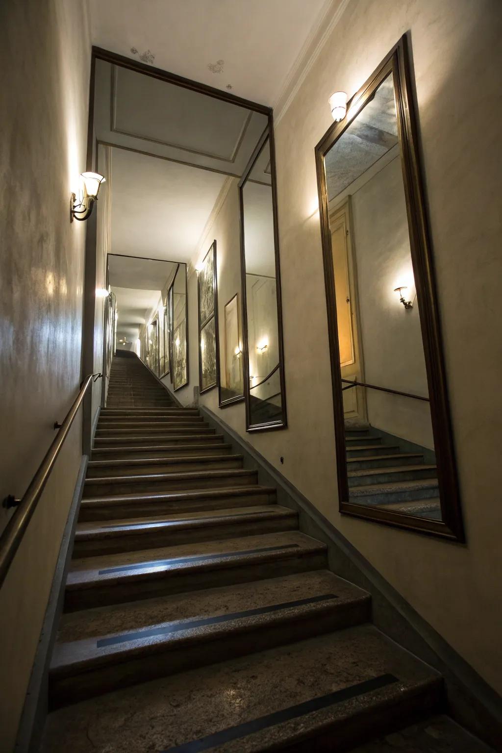 Mirrors trick the eye into thinking there is more room in enclosed stairwells.