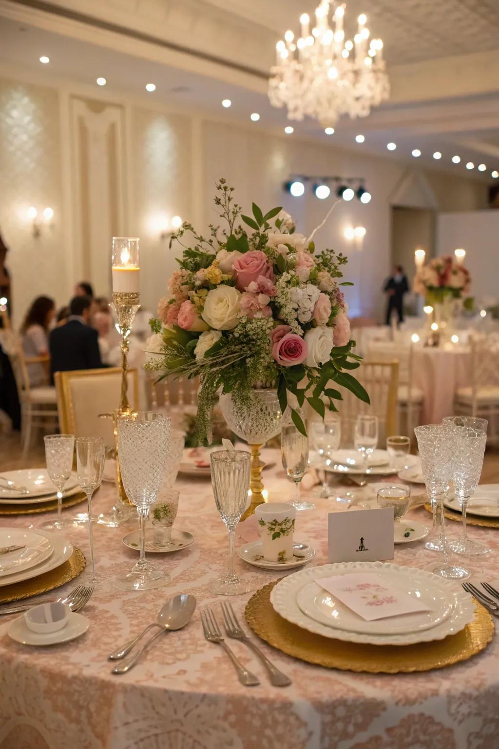 An elegant table setting complemented by a botanical centerpiece.